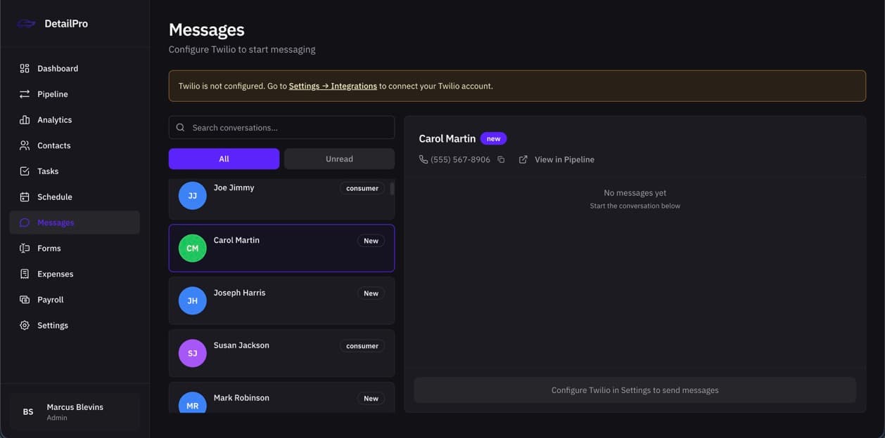 DetailPro CRM messages and lead conversations
