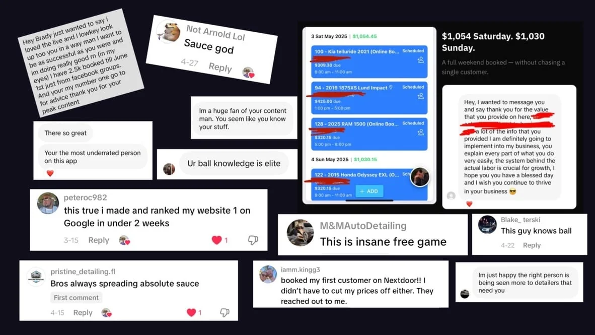 Messages and comments from local service business owners — a detailer booking his first customer from Nextdoor, an operator ranking his website on Google in under two weeks, and a $1,054 Saturday booked without chasing a single customer